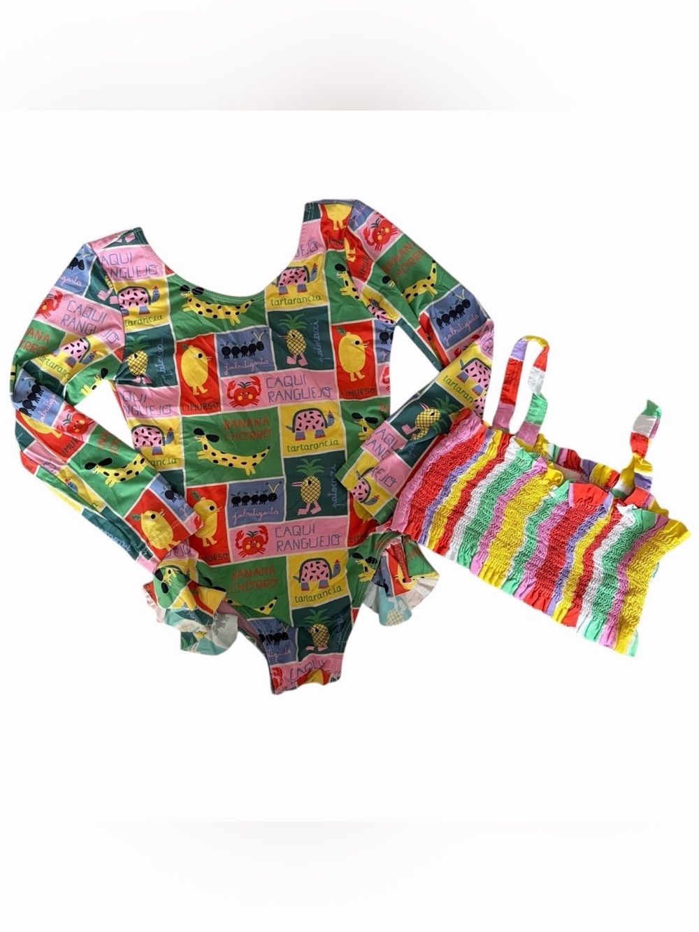 Fabula Girls Patchwork HTF Print Long Sleeve Ruffle Swimsuit And Top Set